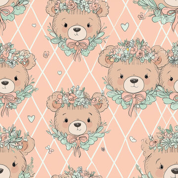 Seamless Watercolor Teddy Bear Pattern with Floral Crowns, Botanical Wreaths and White Diamond Lines on Peach Background
