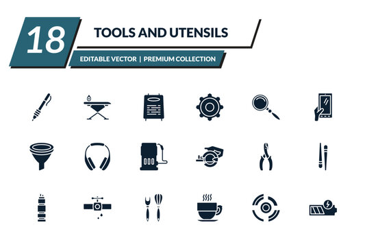 filled tools and utensils icons set - writing tools, iron table, daily specials board, tings gears. editable vector for web and mobile ui