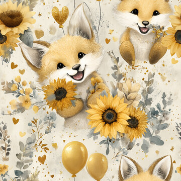 Seamless Watercolor Fox Pattern with Cute Baby Foxes, Sunflowers, Golden Balloons and Autumn Botanical Foliage
