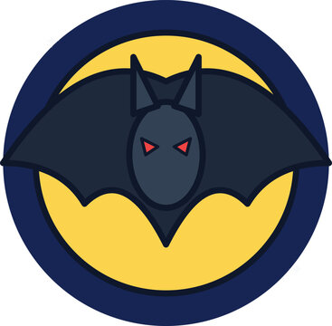 Flat vector illustration of a dark vampire bat flying against a full moon night background.