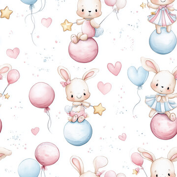 Seamless Watercolor Nursery Pattern with Cute Baby Bunnies Balancing on Pastel Balls, Balloons, Hearts and Stars