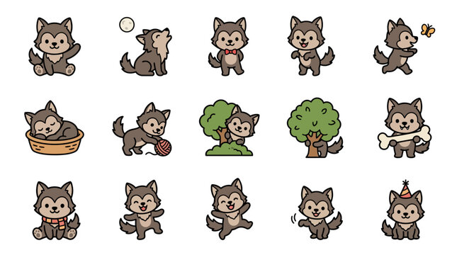 Cute Kawaii Wolf Pups Collection: Playful Poses & Activities