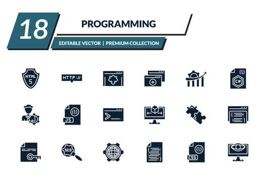 filled programming icons set - html5, http, plugin, duplicate. editable vector for web and mobile ui