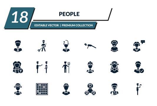 filled people icons set - business tie, landkeeper, rethink, push ups. editable vector for web and mobile ui