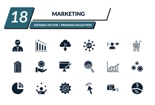 filled marketing icons set - salesman, diagrams, download from cloud, viral. editable vector for web and mobile ui