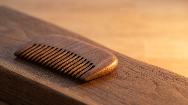 Natural handmade wooden hair comb resting on smooth timber surface illuminated by warm golden sunlight for daily grooming self care routine