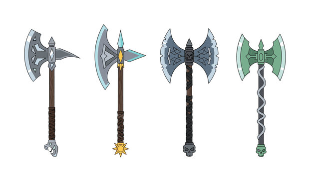 Four detailed fantasy battle axes featuring metallic blades, wooden handles, and skull or star pommel ornaments.