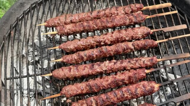 Close up view of skewered meats grilling over hot coals creating smoke and char marks, perfect for barbecue recipes or outdoor cooking themes, capturing authentic backyard summer fun