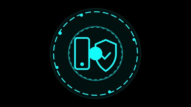 Futuristic cyber security icon with smartphone and shield mark glowing blue on black background for mobile device data protection interface