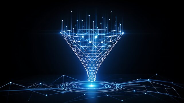 Abstract digital sales funnel with particles representing business optimization and customer journey