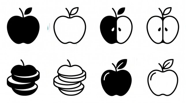 Apple fruit icon set including whole slices halves and minimalist silhouettes