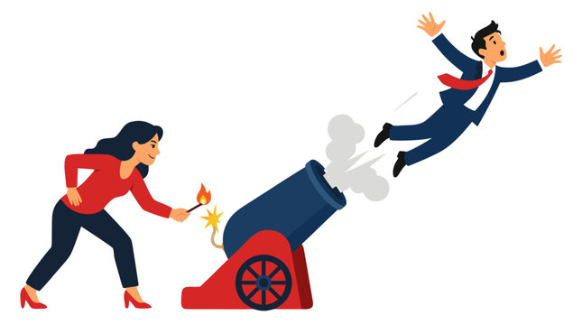 A businesswoman in red lights the fuse of a cannon launching a male executive in a blue suit flying through the air, symbolizing firing an employee or aggressive business tactics in flat vector style.