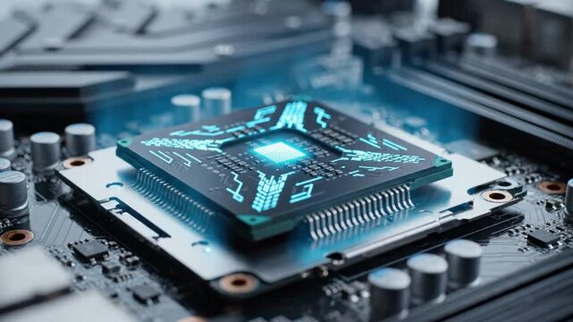 Futuristic Central Processing Unit on Motherboard with Glowing Circuitry, Technology Innovation Concept for Digital Age