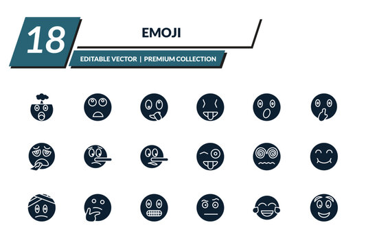 filled emoji icons set - exploding head emoji, bored emoji, stupid tongue out editable vector for web and mobile ui