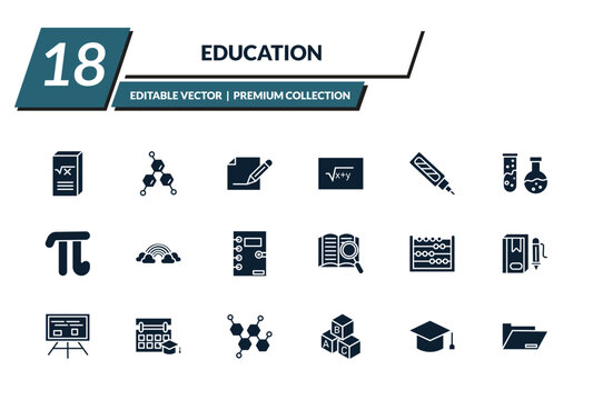 filled education icons set - math book, chemical formula, edit pencil, square root in class. editable vector for web and mobile ui