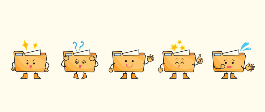 Cute brown digital file folder mascot characters with expressions and poses colorful illustration set bundle drawing.