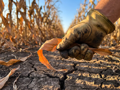 Farmer holding a green corn leaf in a cultivated field, sustainable agriculture, crop inspection, rural farming, harvest season.