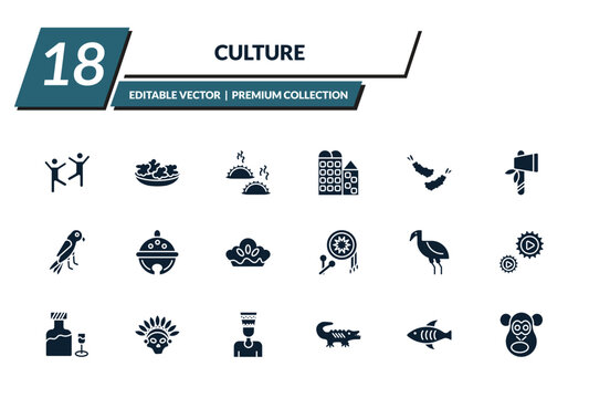 filled culture icons set - capoeira brazil dancers, onion patties, dumplings, bo kaap. editable vector for web and mobile ui