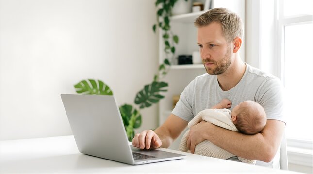 Father holding newborn baby and working on laptop at home office desk