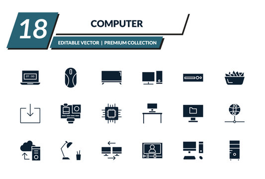 filled computer icons set - morning work, mouse device, tv screen, computer. editable vector for web and mobile ui