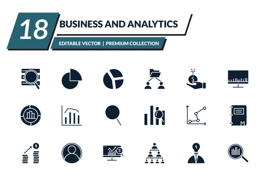 filled business and analytics icons set - stock data analysis, chart pie, circular chart, users interconnected. editable vector for web and mobile ui