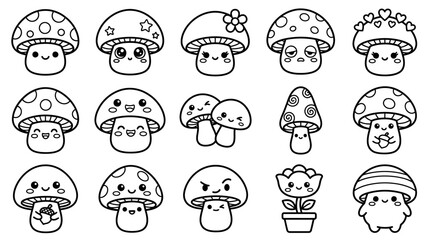 Obraz premium Cute Kawaii Mushrooms Collection, Hand-Drawn Vector Illustrations