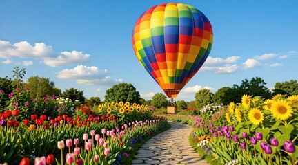 Fototapeta premium Multi colored hot air balloon flies above path in floral garden. Vivid sunflowers, tulips grow along stone walkway under clear blue sky. Summer landscape scenery features blooming nature with vibrant