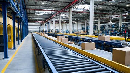 Fototapeta premium A large warehouse interior featuring conveyor belts transporting cardboard boxes through a structured industrial space