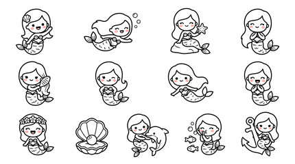 Fototapeta premium Cute Mermaid Collection, Kawaii Underwater Fantasy Characters