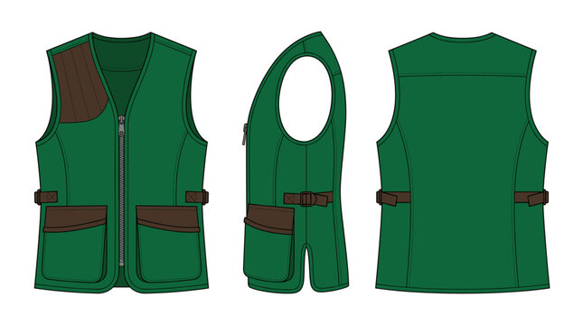 Shooting vest with front side and back views outdoor apparel mockup template vector illustration