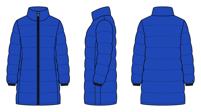 Puffer dress with front side and back views insulated apparel mockup template vector illustration
