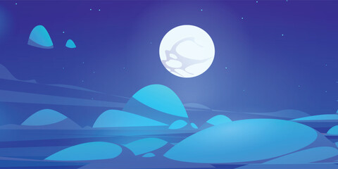 Minimalist vector illustration of a glowing full moon over rolling blue hills under a starry night sky. eps 10 © HASAN
