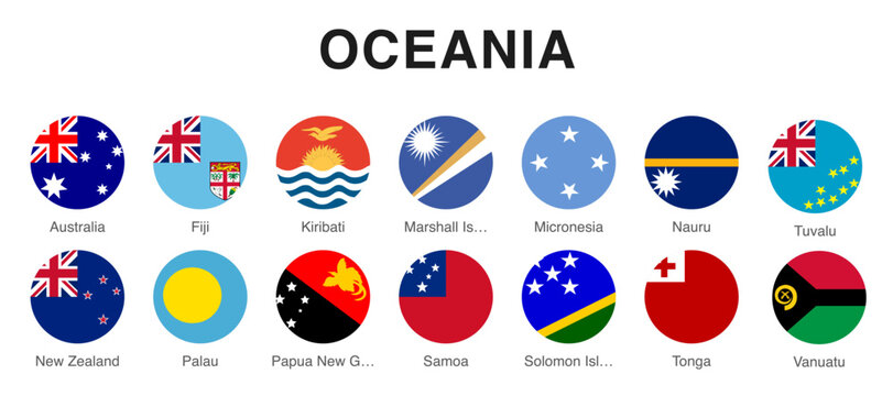 round flag icons of oceania nations. circular national flags of australia fiji and pacific island states. labeled country flag badge collection. glossy pacific region flag set
