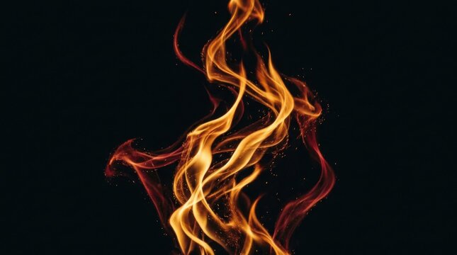 Vibrant orange and yellow fire flames dancing gracefully against a dark black background with glowing sparks and texture