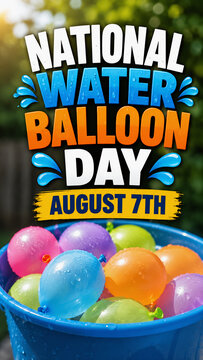 National Water Balloon Day August 7th with Colorful Wet Balloons in a Blue Bucket