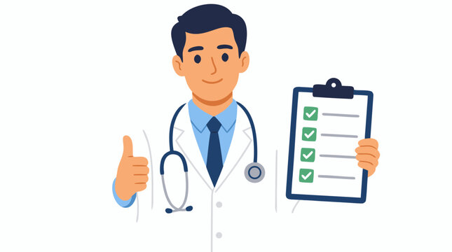 Confident male physician in white coat with stethoscope holding completed medical checklist clipboard, thumbs up approval gesture, healthcare professional portrait illustration