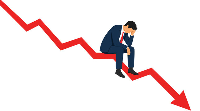 Depressed businessman sitting on plummeting red downward arrow graph, symbolizing financial crisis, market collapse, and economic recession in modern business