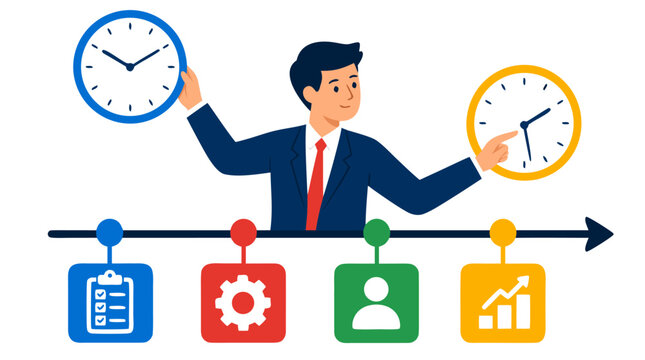 Businessman Juggling Time Management with Clocks and Task Icons on Project Timeline, Bold Flat Design Vector Illustration