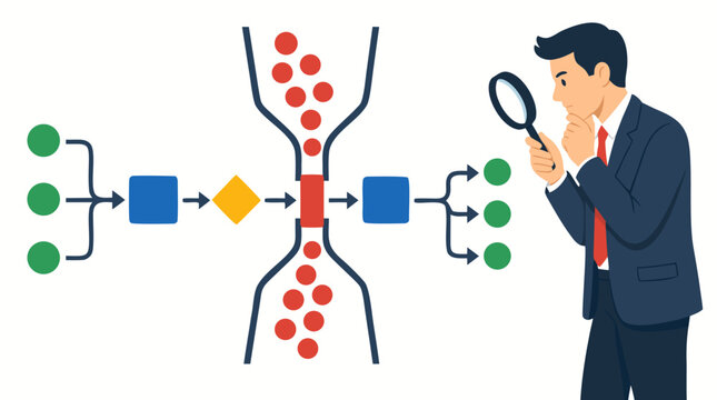 Businessman analyzing workflow bottleneck with magnifying glass, examining process flow restriction and operational inefficiency in business system