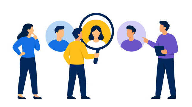 Human Resources Recruitment and Talent Selection Concept with Three Professionals Analyzing Candidate Profiles and Making Hiring Decisions on Clean Background