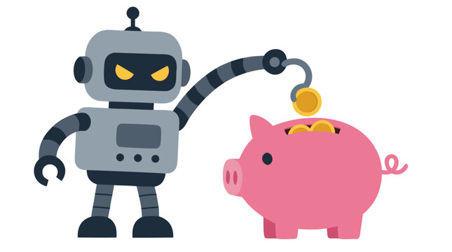 A menacing grey robot with a metal hook steals gold coins from a pink piggy bank, symbolizing financial cybercrime, digital theft, and AI security risks in a flat vector illustration style.