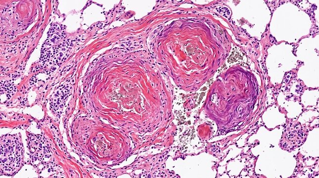 High magnification histology slide of lung tissue showing granulomatous inflammation, pink and purple H&E staining revealing pathological changes in pulmonary architecture, medical research microscopy
