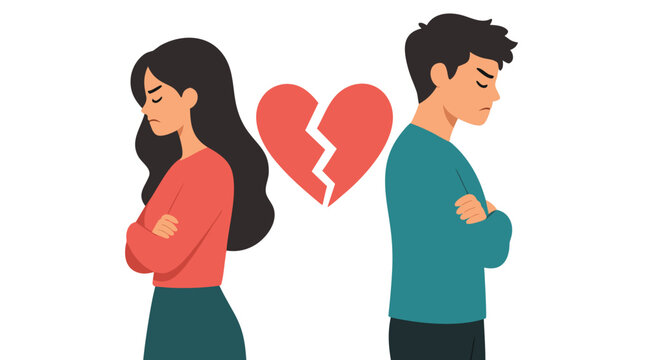 Frustrated Young Couple Standing Back to Back with Arms Crossed and Jagged Broken Heart Symbol Between Them Representing Relationship Conflict