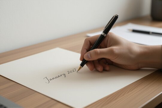A woman's hand holds a silver-accented fountain pen over premium off-white paper at a minimalist wooden desk, inscribing January 2027 in elegant cursive script.