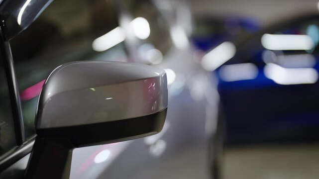 Modern silver automobile side-view mirror in the foreground with another car blurred in the background, showcasing luxury vehicle design and details in a brightly lit showroom or dealership