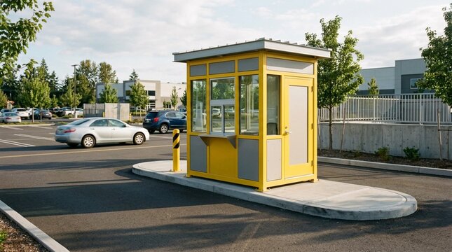 Modern Yellow and Gray Parking Booth Guard House in Clean Commercial Parking Lot with Silver Sedan and Blue SUV Passing on Smooth Asphalt, Contemporary Security Checkpoint Architecture Design