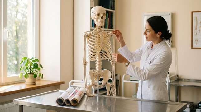 Female medical doctor examining anatomical skeleton model in clinic office, pointing at ribcage during anatomy lesson with rolled educational posters on stainless steel examination table and potted