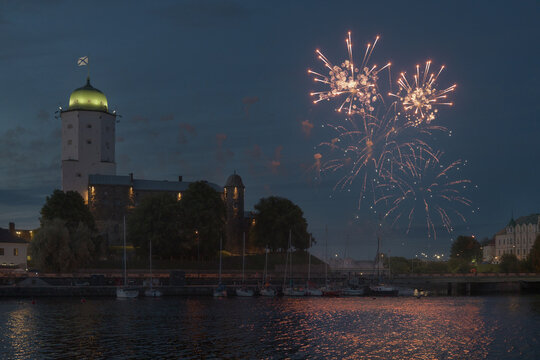 Festive fireworks against the backdrop of Vyborg Castle