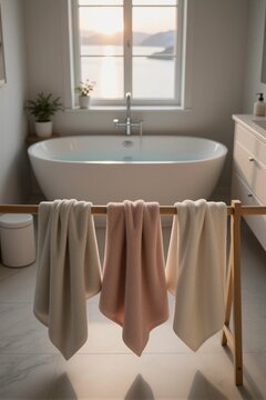A modern bathroom interior features a wooden A-frame towel rack with three plush towels and a serene sunset view through a double-hung window.