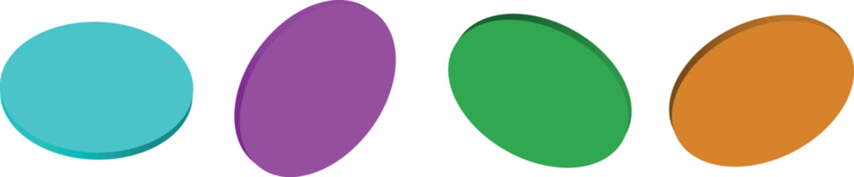 Four isometric oval or elliptical shapes rendered in cyan purple green and orange. These 3D-styled graphic elements are perfect for infographics web design layouts or abstract visual presentations.